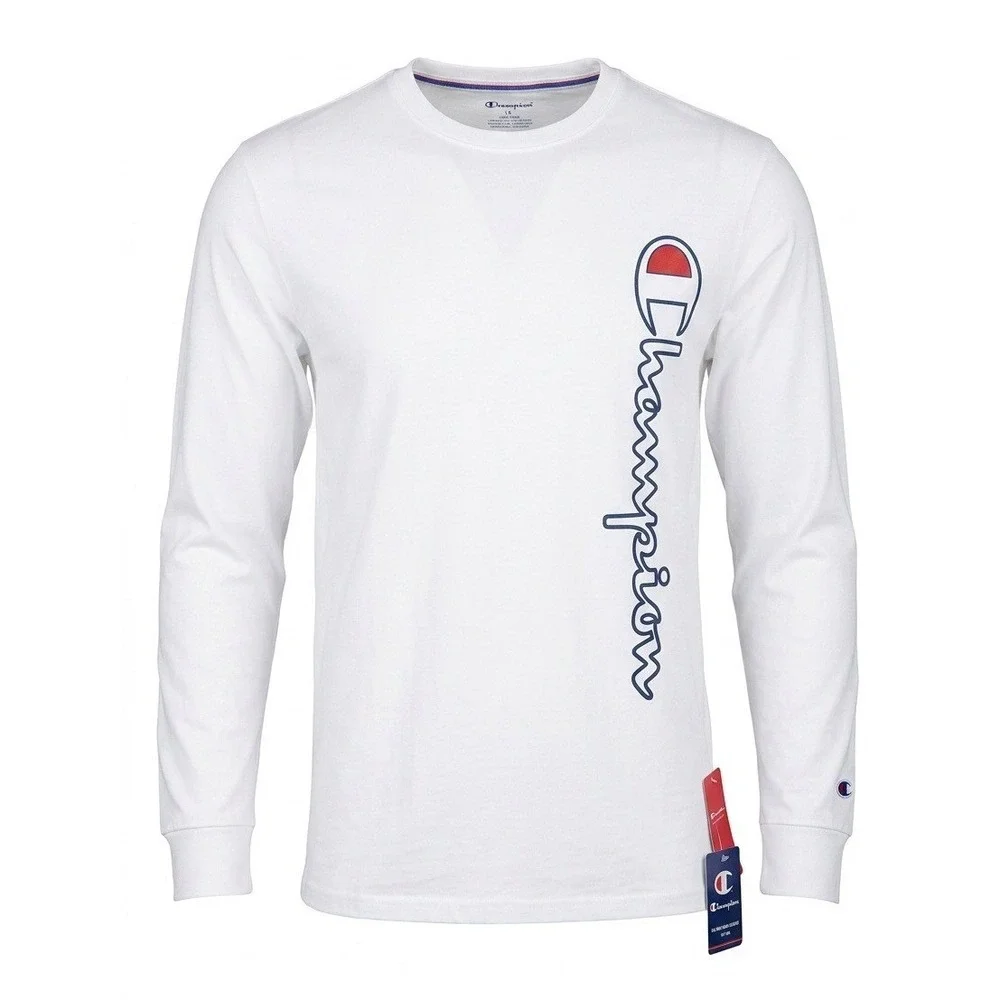 Champion Mens White Long Sleeve Sleep Shirt Vertical Script Logo Large NEW